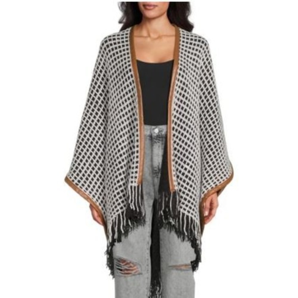 Soft Surroundings Size S/M Poncho Ruana Black Wrap‎ Faux Leather Trim Open Knit